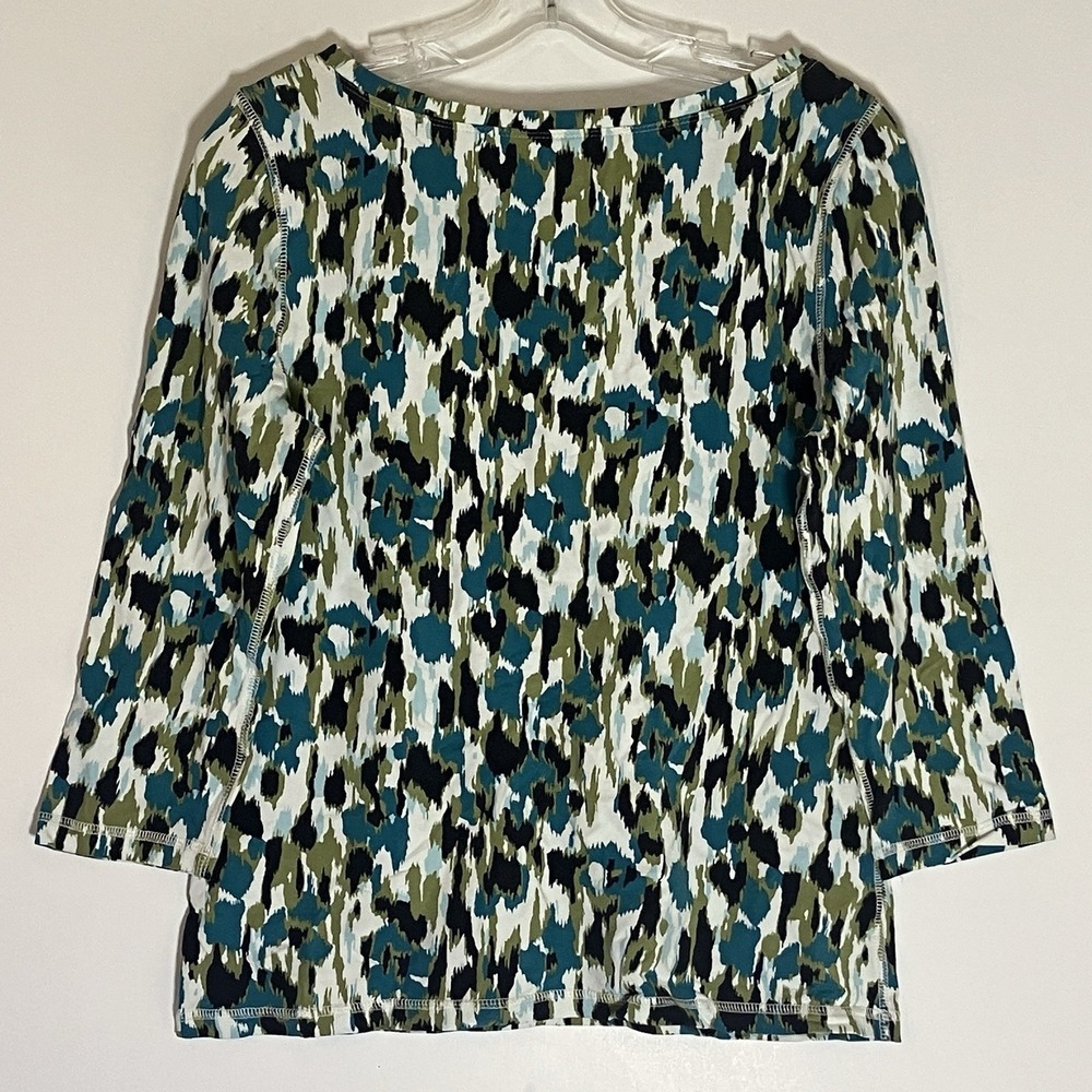 Madison Organics Top Womens Medium Blue Floral Knit Stretch 3/4 Sleeve Casual M - Picture 10 of 13